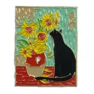 NEW Oil Painting Van Gogh with a Cat Pin Brooch Enamel Multicolor Sunflowers